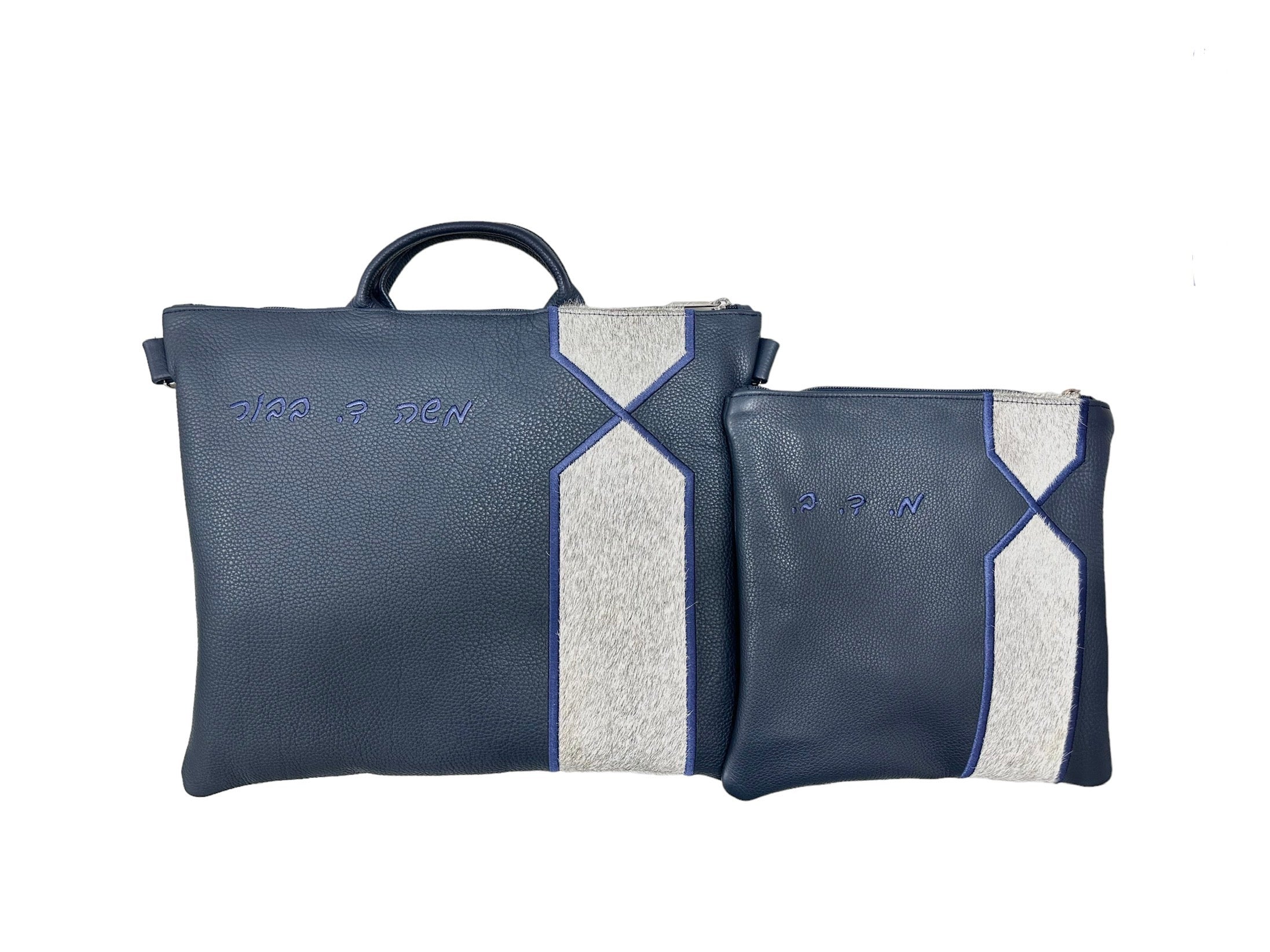 Navy Leather/Gray Fur with Blue Embroidery - D99