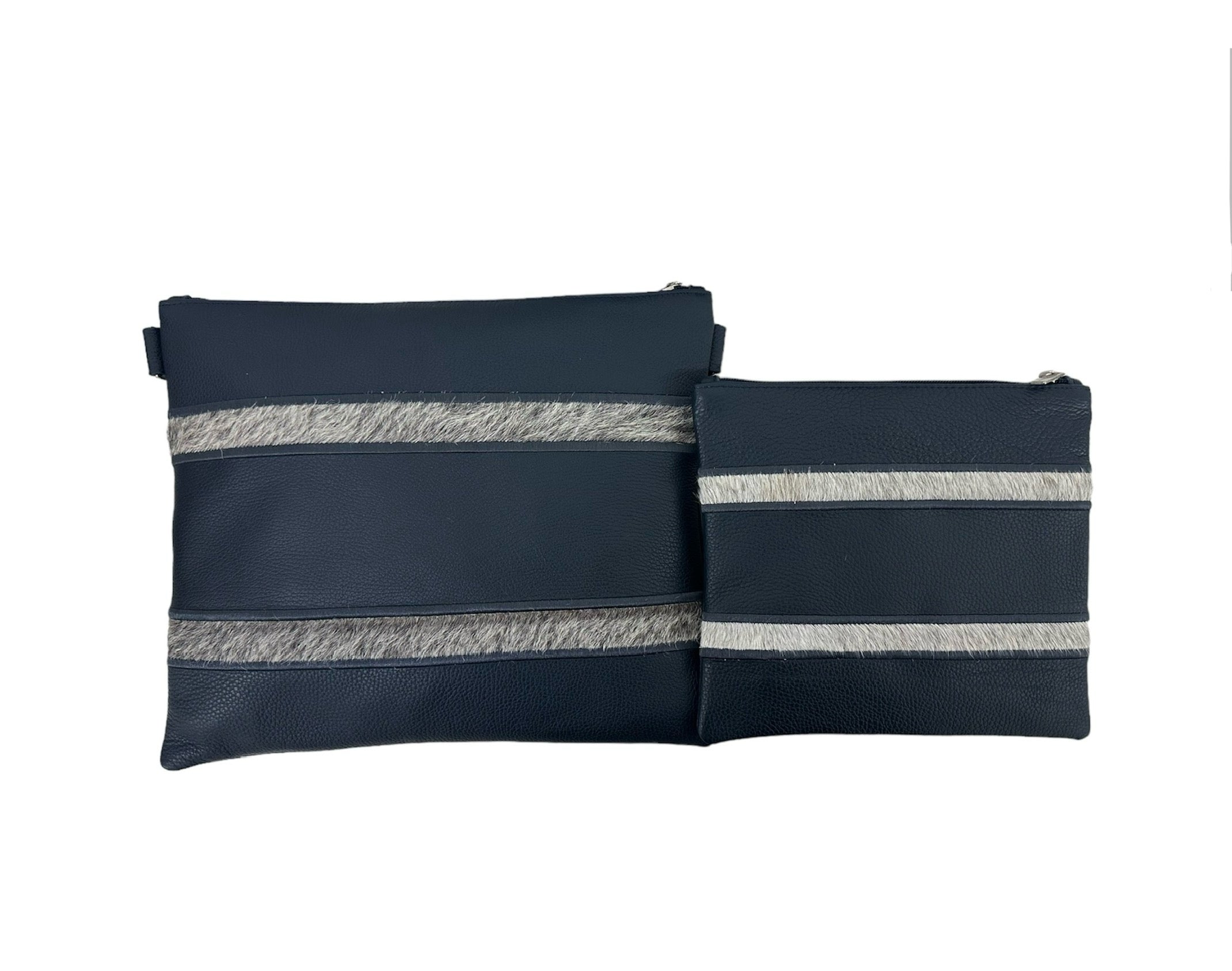 Navy Leather/Gray Fur with Navy Embroidery - D109