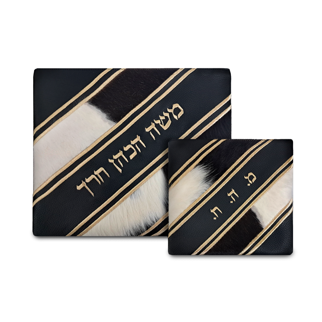 Black Leather/Black & White Fur with Gold Embroidery - D110