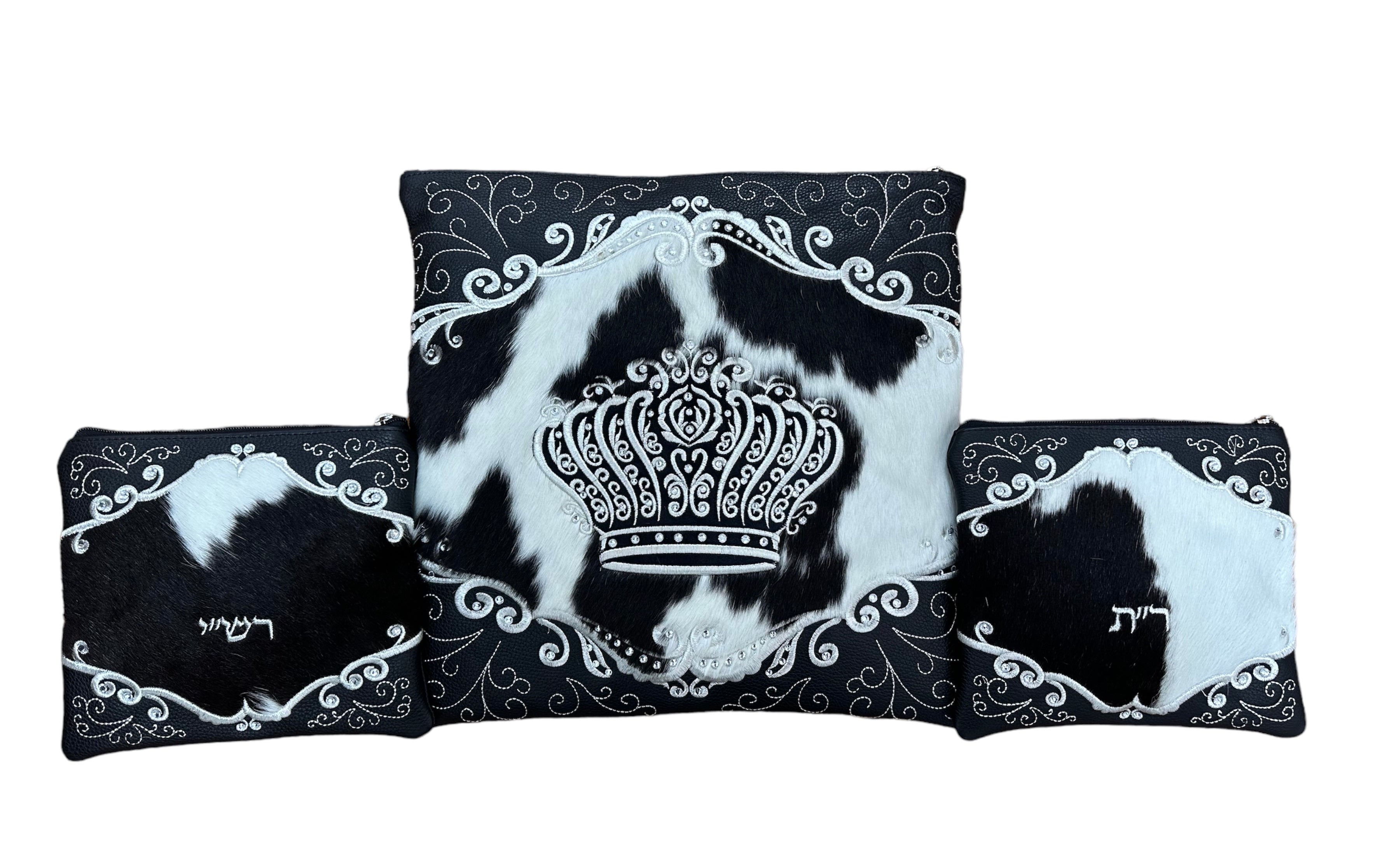 Black & White Fur/Black Leather with Silver Embroidery - F105