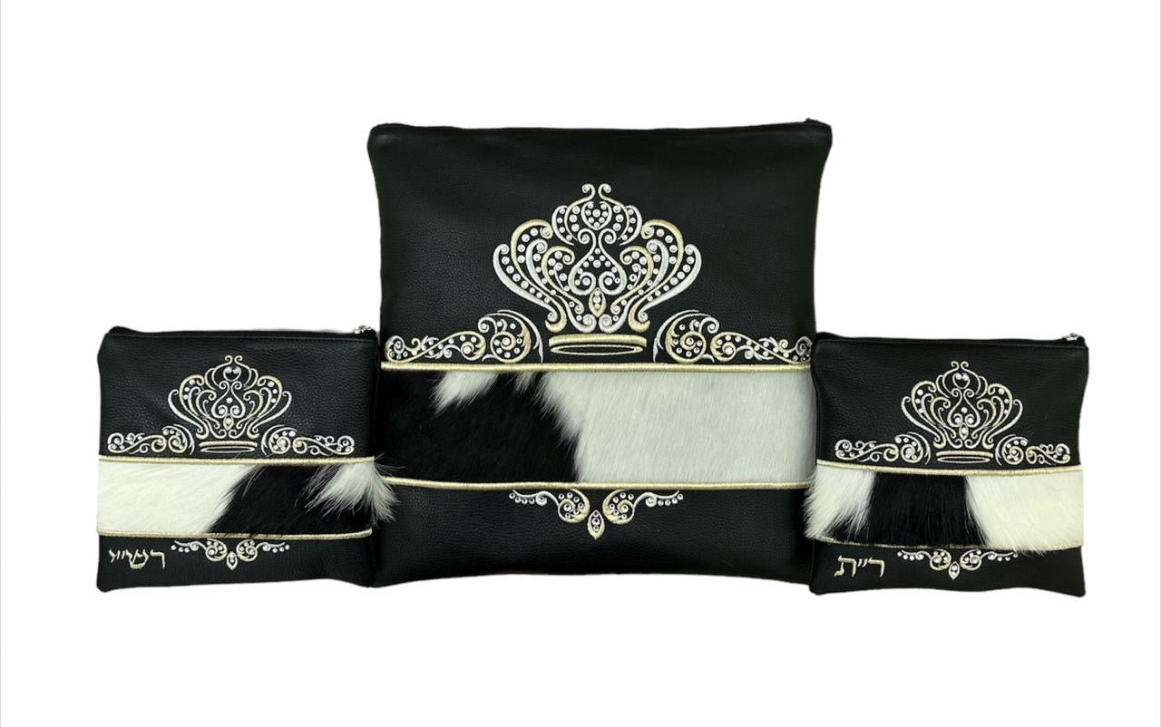 Black Leather/Black & White Fur with Silver & Gold Embroidery - F104