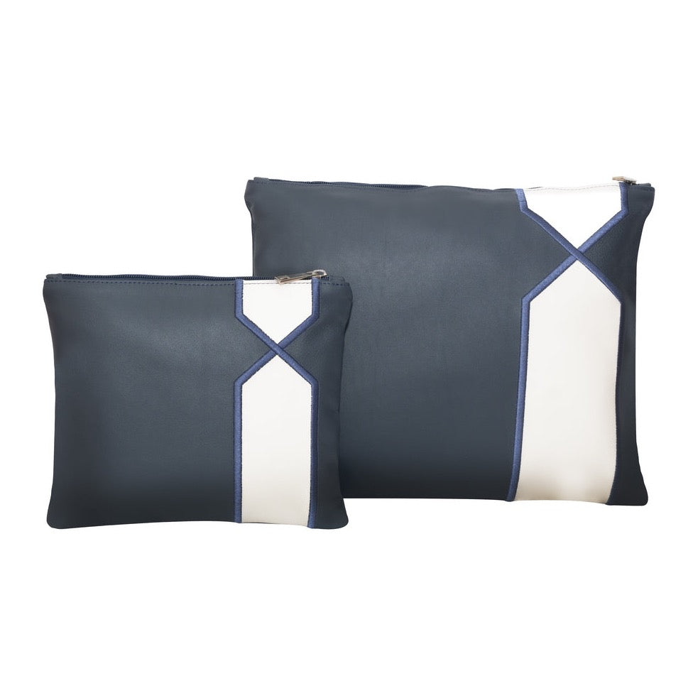 Tallis & Tefillin Leather Bags - Smooth Navy/White with Blue Embroidery - B215